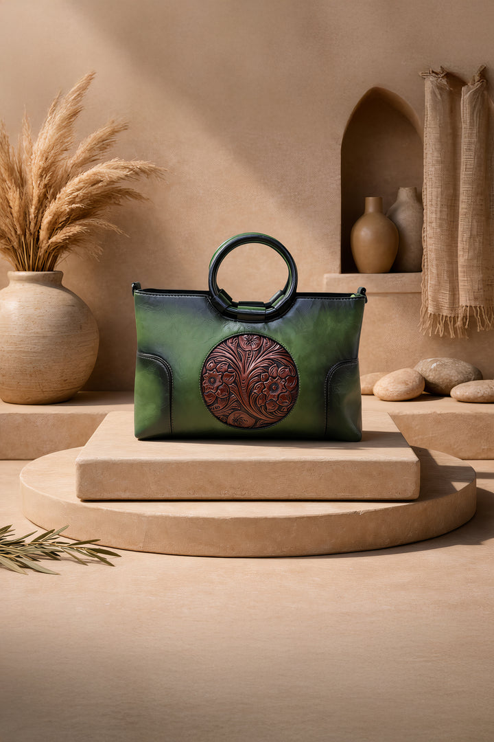 حقيبة يد نسائية أيقونية من الجلد الأصلي - أخضر عشبي