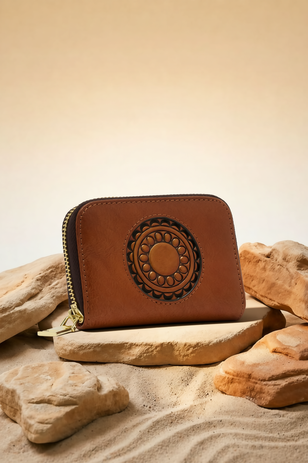 Embossed Genuine Leather Card Holder - Mocha