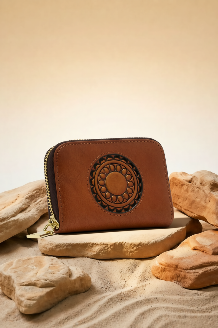 Embossed Genuine Leather Card Holder - Mocha