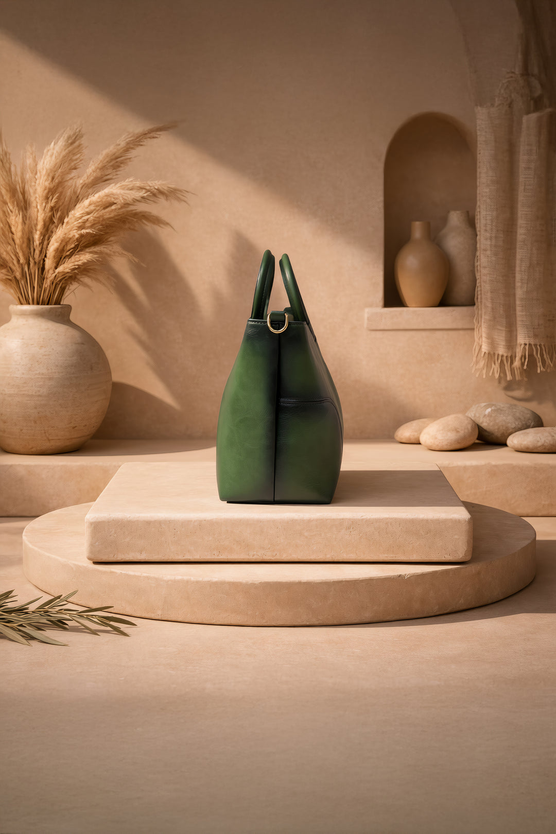 حقيبة يد نسائية أيقونية من الجلد الأصلي - أخضر عشبي