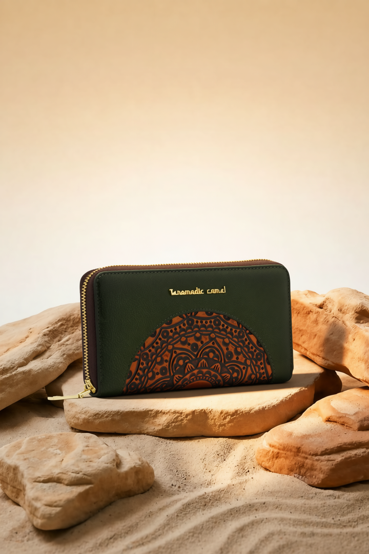 Embossed Women's Genuine Leather Clutch - Emerald