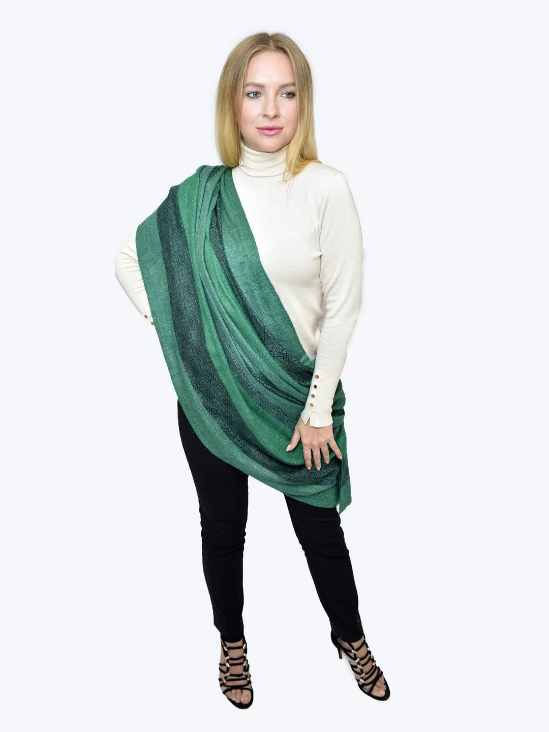 Camel Wool Luxury Scarf - Emerald Green Window Pane