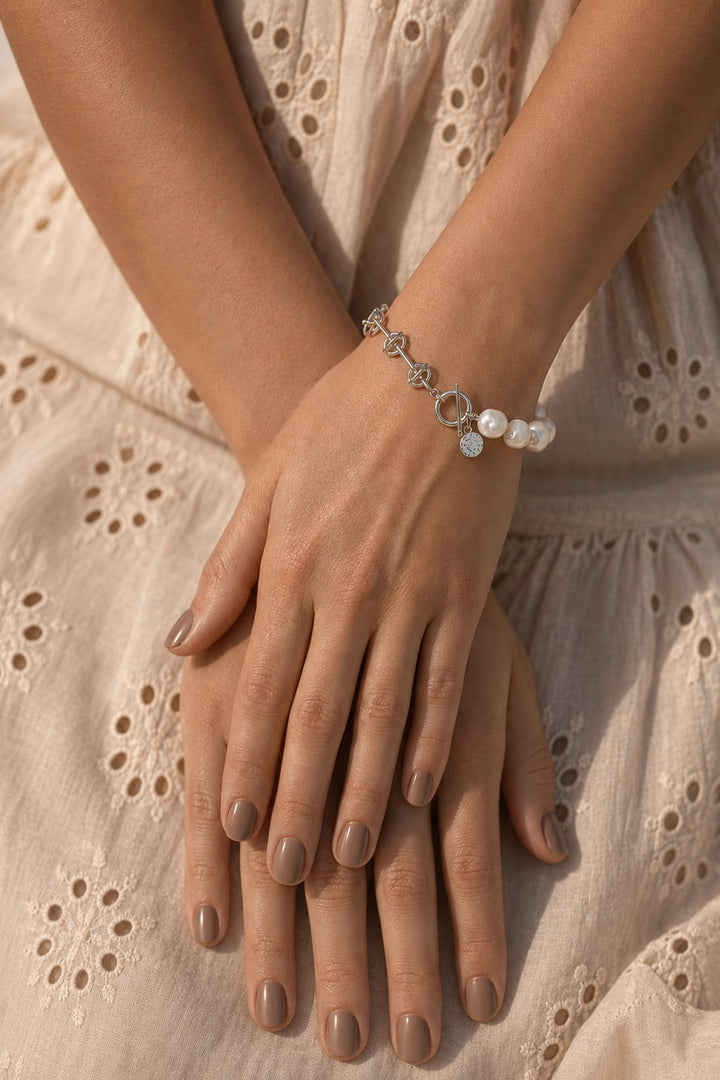 Pearl Chain Sterling Silver Zircon Bracelet