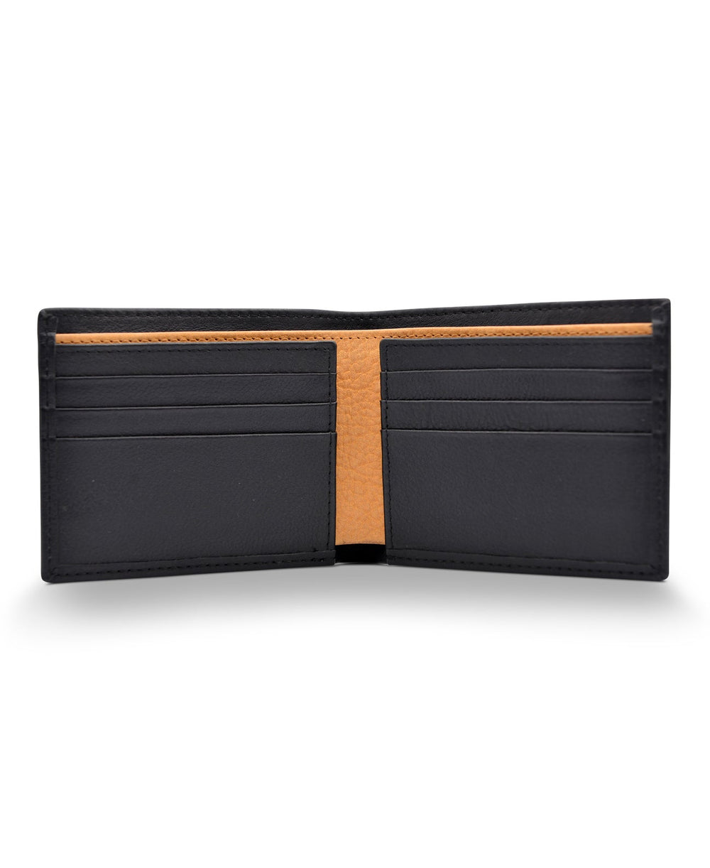 Men's Bi Fold Slim Wallet Grainy Black with Tan Inside Genuine Leather RFID Blocking