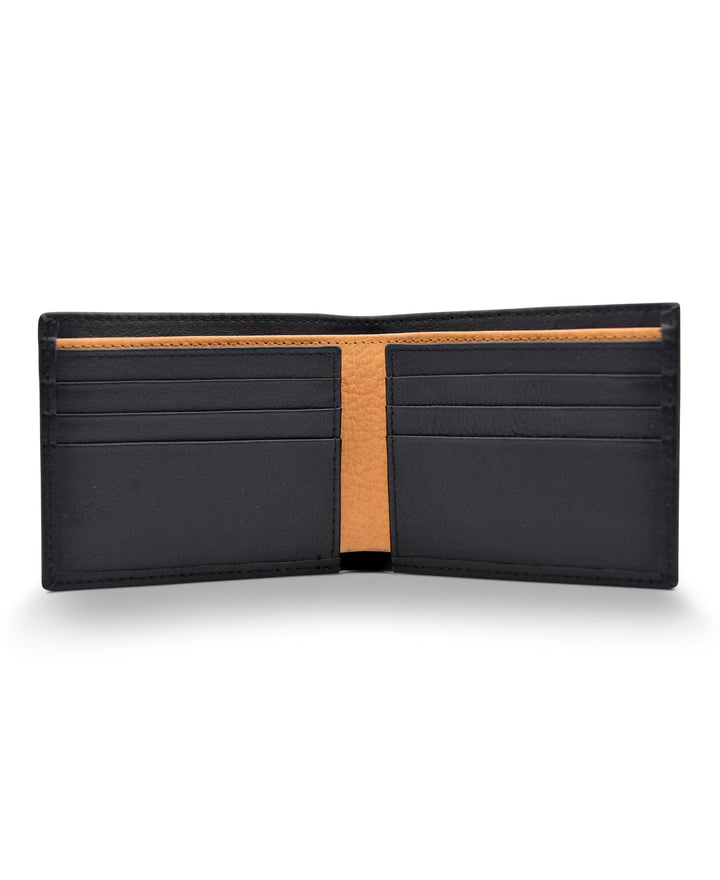 Men's Bi Fold Slim Wallet Grainy Black with Tan Inside Genuine Leather RFID Blocking