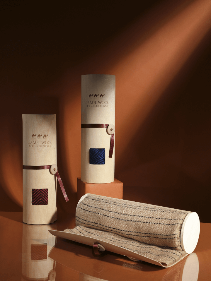 Camel Wool Luxury Scarf   - Crimson Red Window Pane