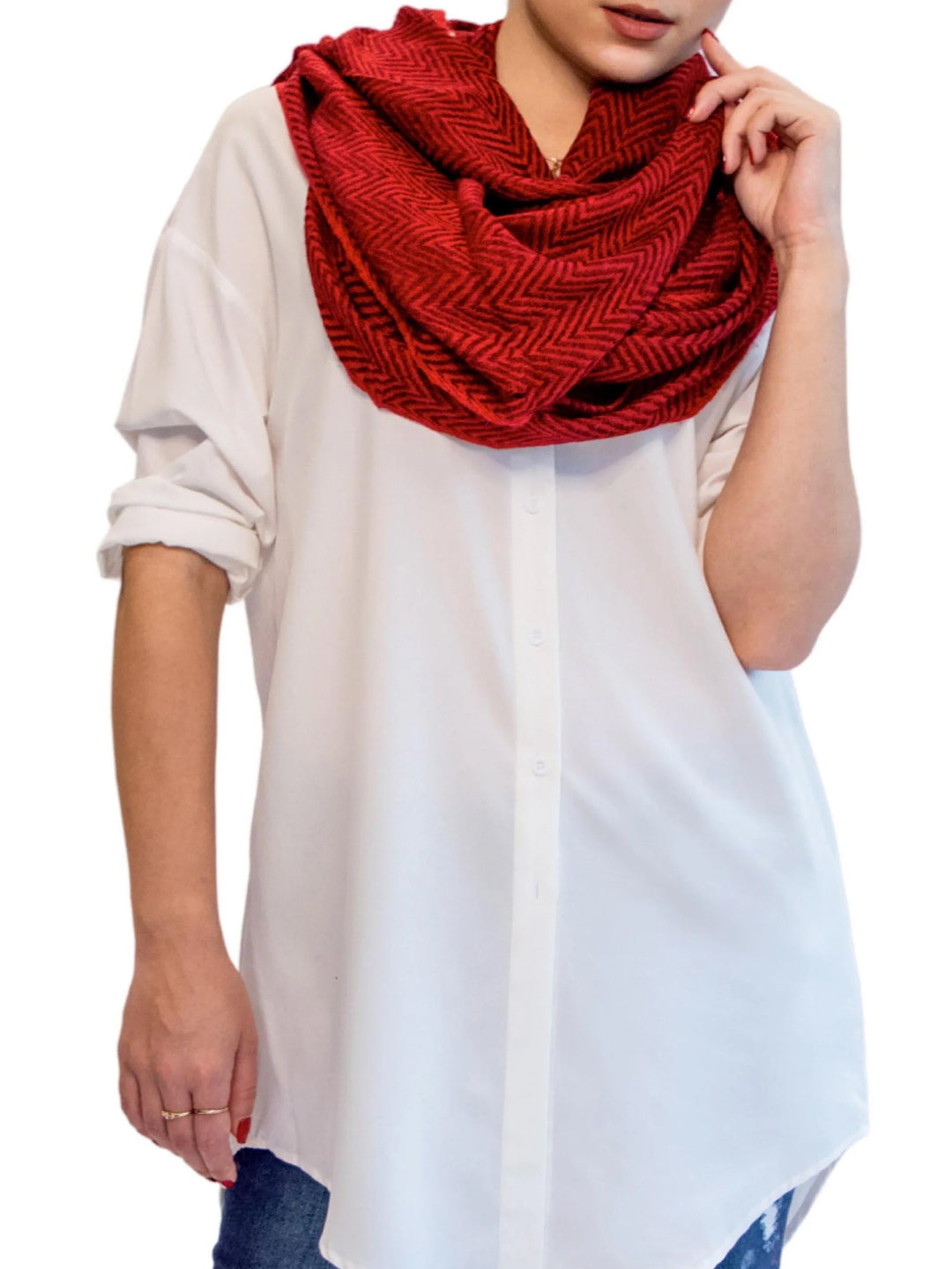 Camel Wool Luxury Scarf - Crimson Red Chevron BW