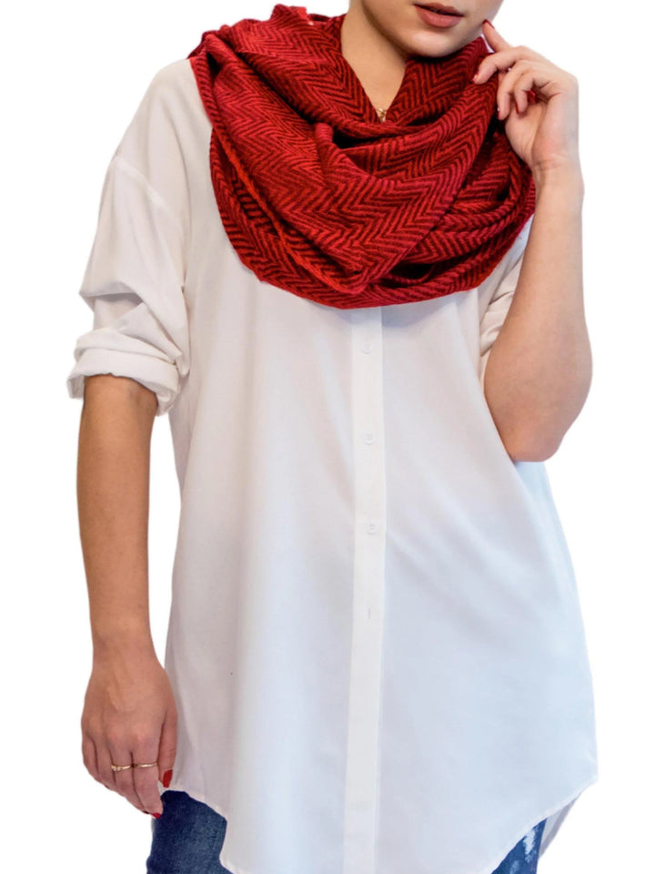 Camel Wool Luxury Scarf - Crimson Red Chevron BW