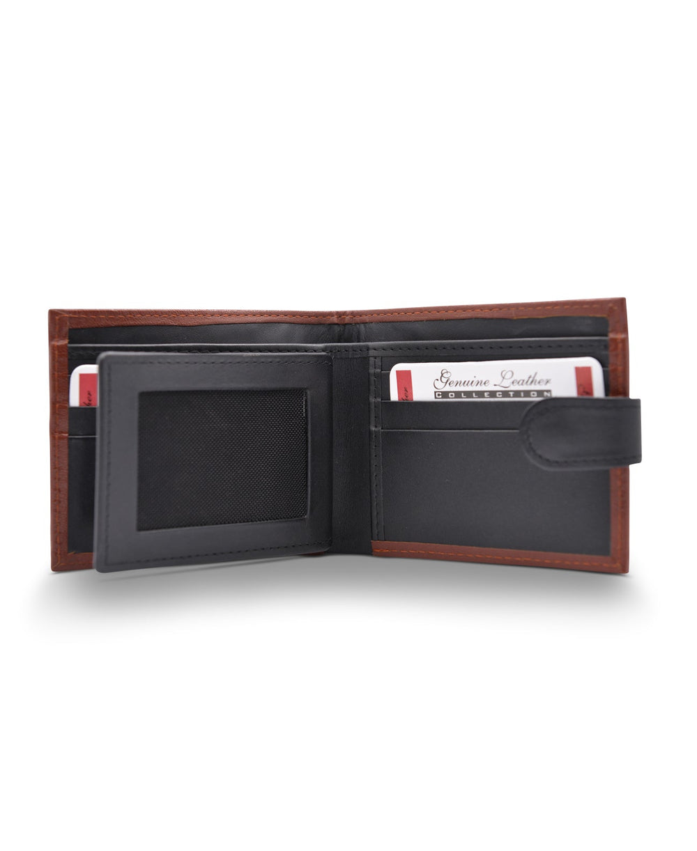 Men's Tri Fold Slim Wallet Grainy Black Tan Genuine Leather RFID Blocking