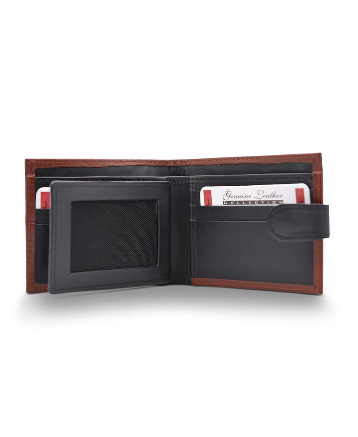 Men's Tri Fold Slim Wallet Grainy Black Tan Genuine Leather RFID Blocking