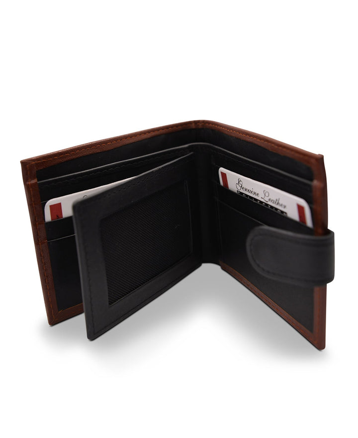 Men's Tri Fold Slim Wallet Grainy Black Tan Genuine Leather RFID Blocking