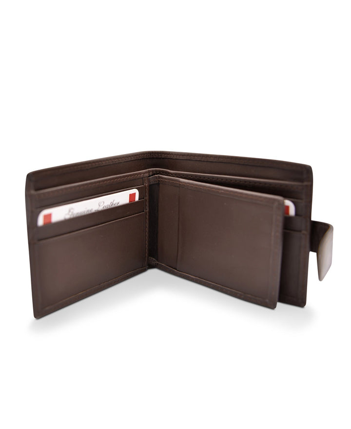 Men's Tri Fold Slim Wallet Soft Brown Genuine Leather RFID Blocking Button Clasp