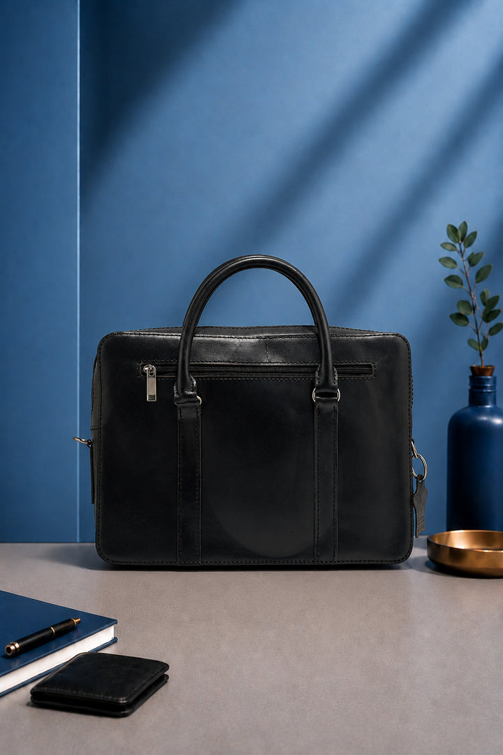 Jessica Genuine Leather Laptop Bag - Black
