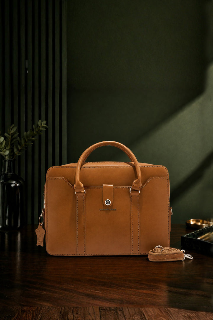 Jessica Genuine Leather Laptop Bag - Tan