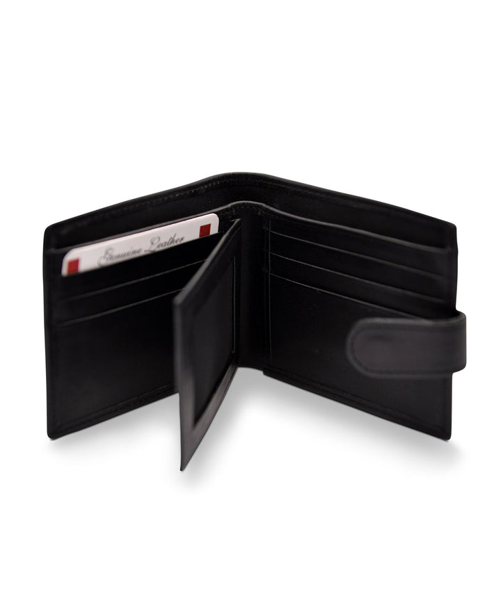 Men's Tri Fold Slim Wallet Soft Black Genuine Leather RFID Blocking Button Clasp