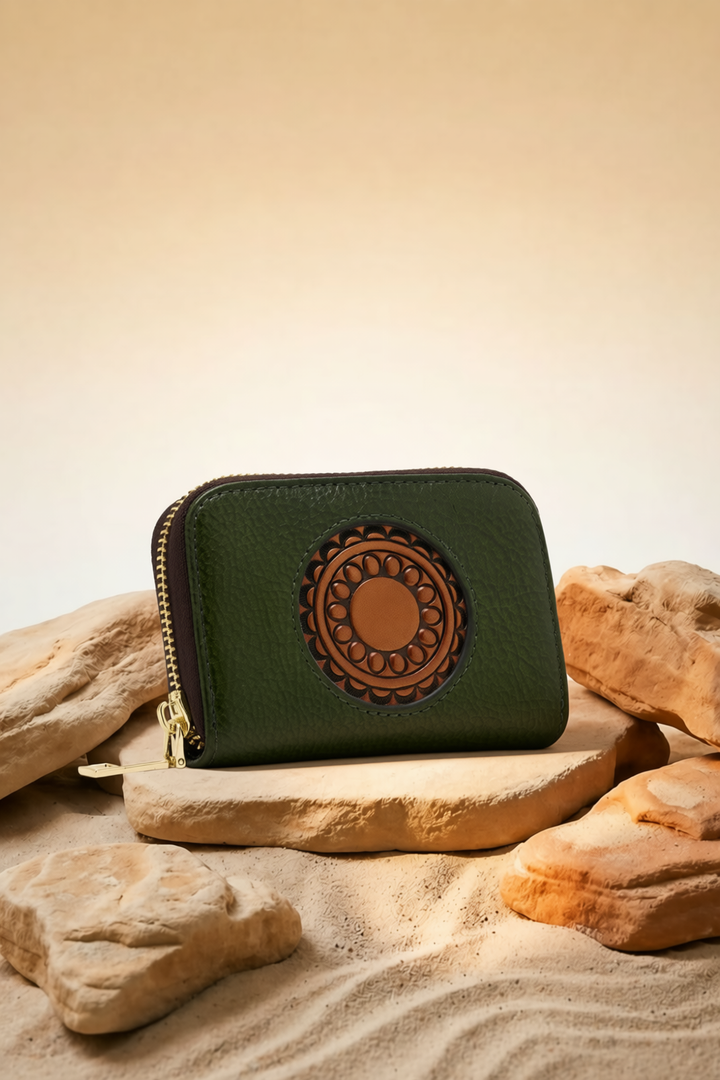 Embossed Genuine Leather Card Holder - Emerald