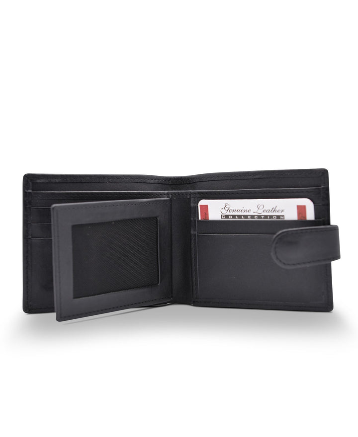 Men's Tri Fold Slim Wallet Soft Black Genuine Leather RFID Blocking Button Clasp