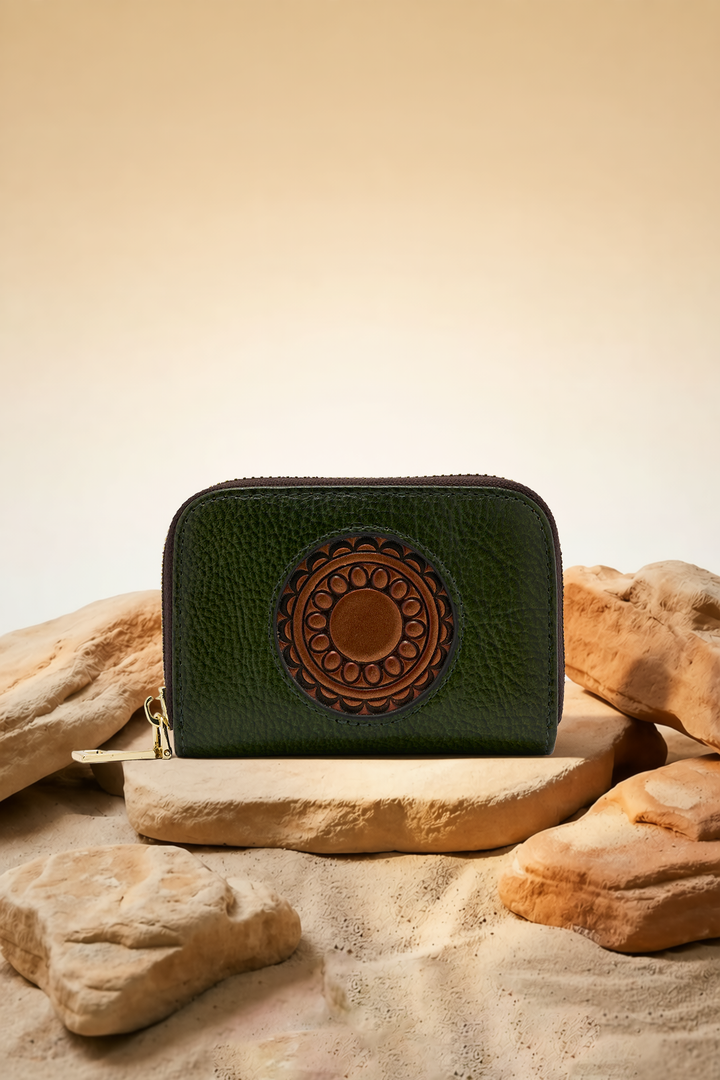 Embossed Genuine Leather Card Holder - Emerald
