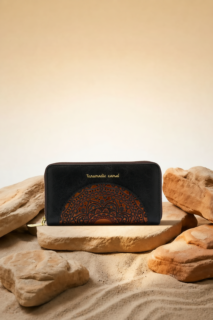 Embossed Women's Genuine Leather Clutch - Black