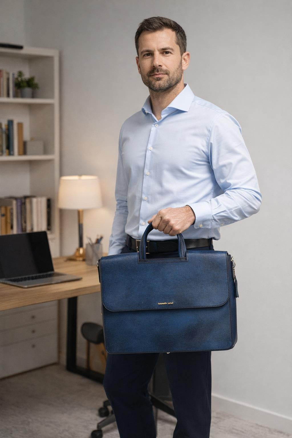 Alfredo Men's Genuine Leather Laptop Bag - Blue
