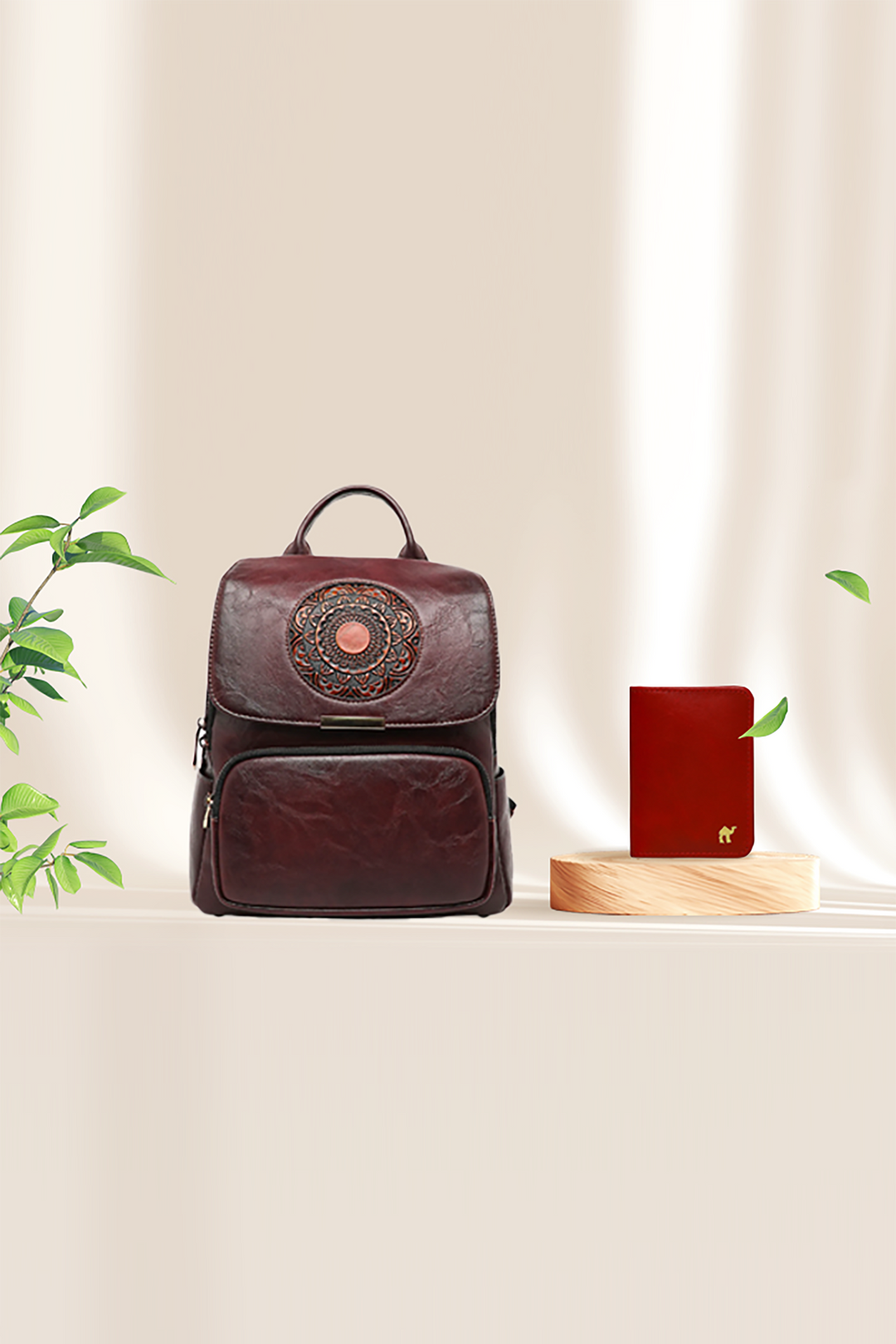 camel leather backpack Backpack with Card Holder Combo