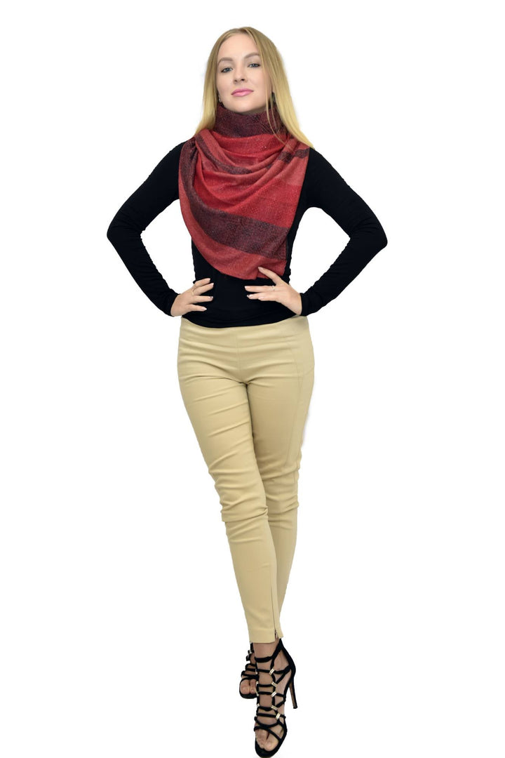 Camel Wool Luxury Scarf   - Crimson Red Window Pane