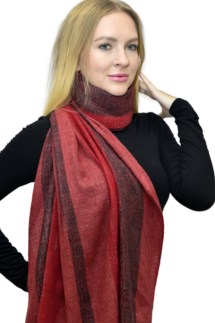 Camel Wool Luxury Scarf   - Crimson Red Window Pane