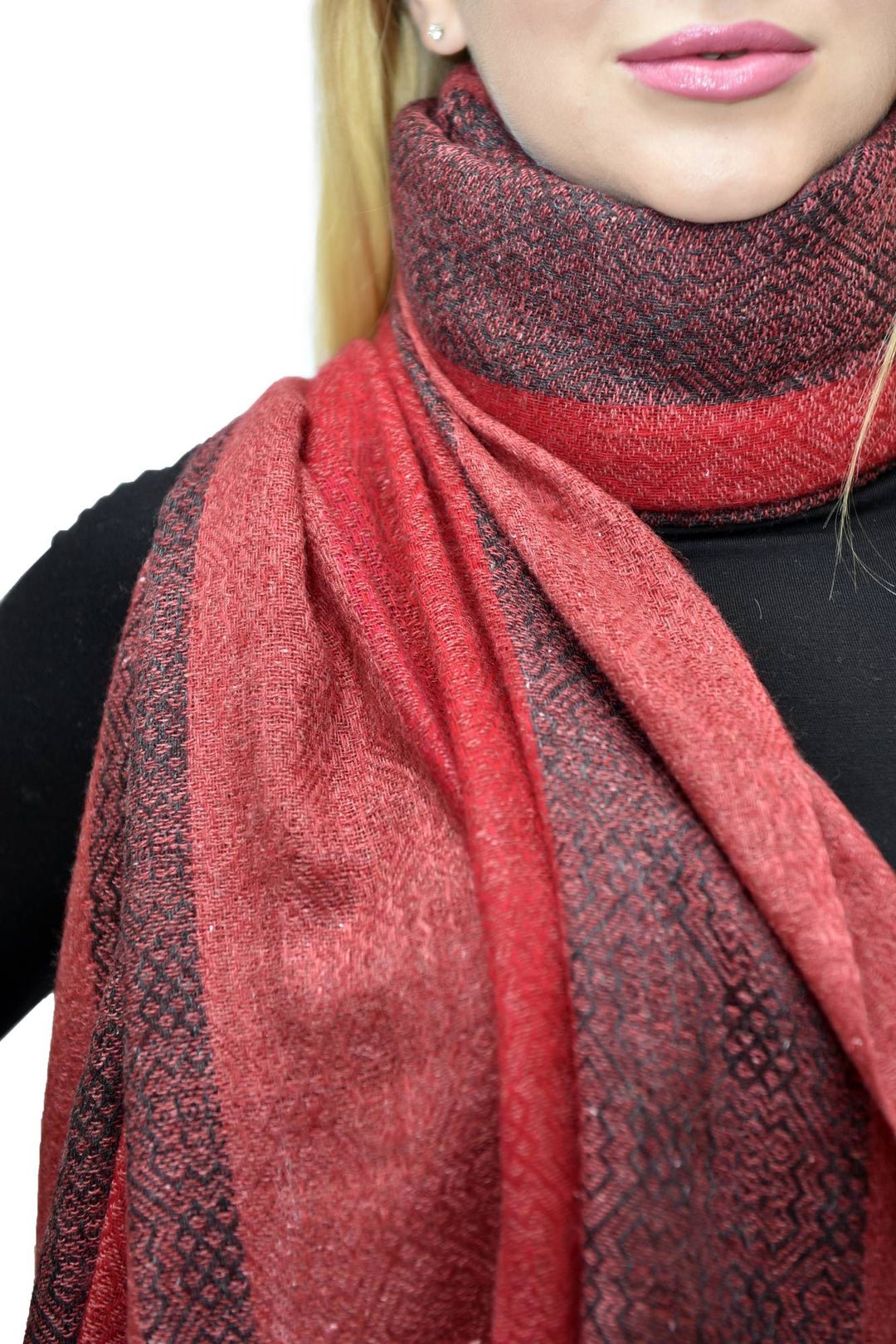 Camel Wool Luxury Scarf   - Crimson Red Window Pane