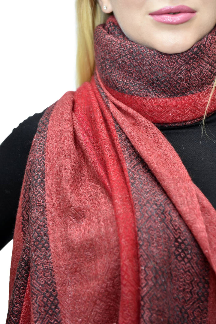 Camel Wool Luxury Scarf   - Crimson Red Window Pane