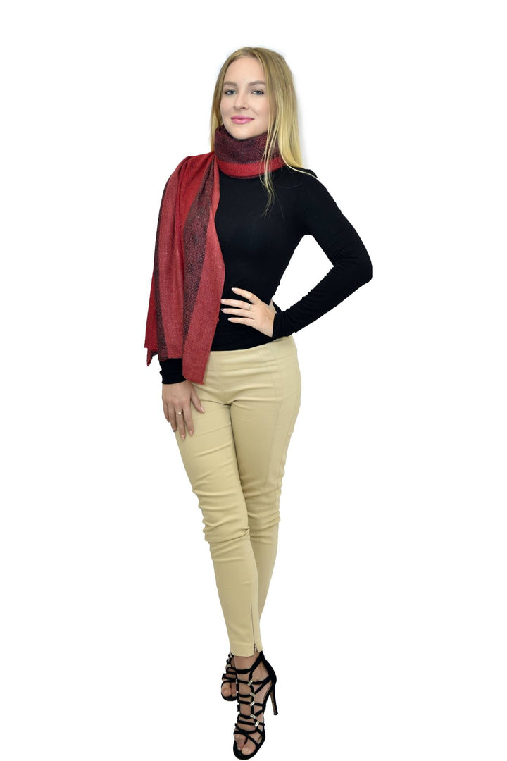 Camel Wool Luxury Scarf   - Crimson Red Window Pane
