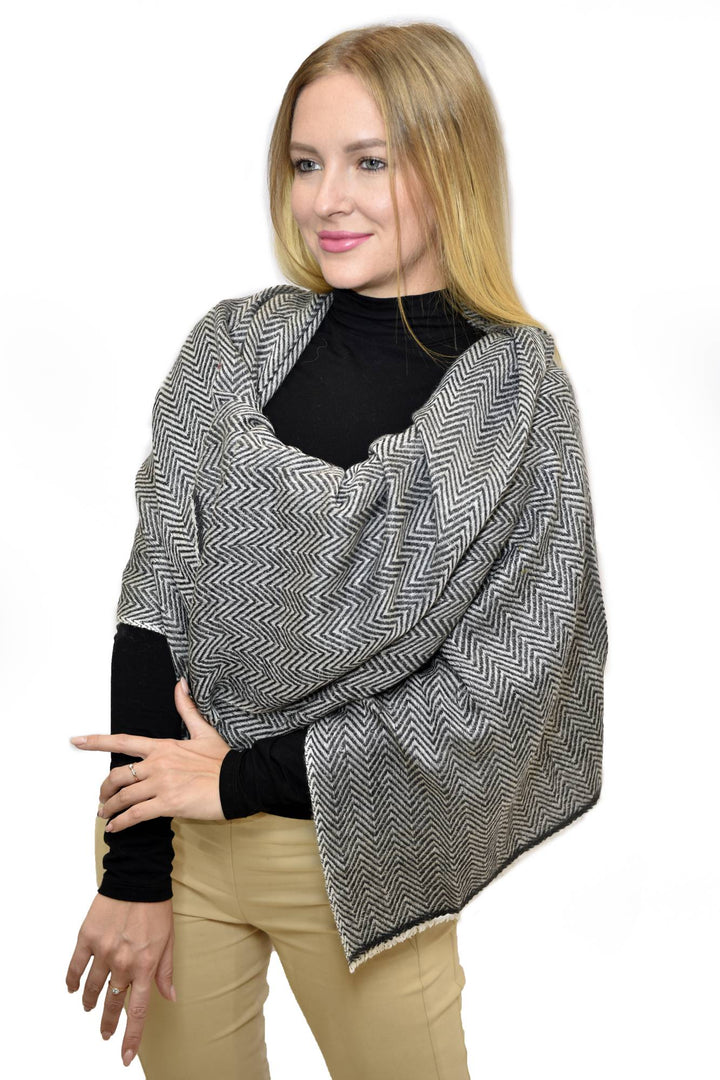 Camel Wool Luxury Scarf   - Taupe Grey Chevron BW