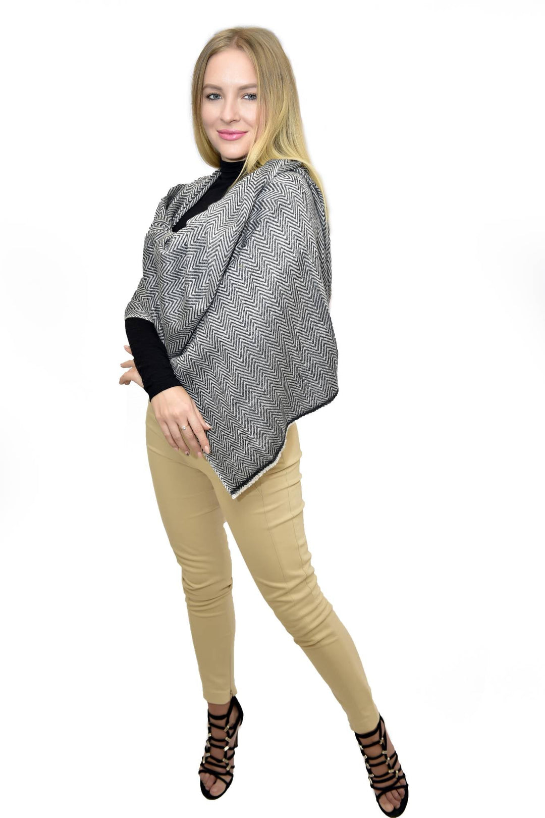 Camel Wool Luxury Scarf   - Taupe Grey Chevron BW
