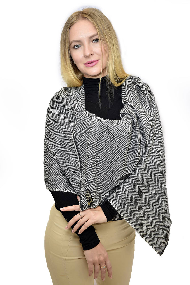 Camel Wool Luxury Scarf   - Taupe Grey Chevron BW