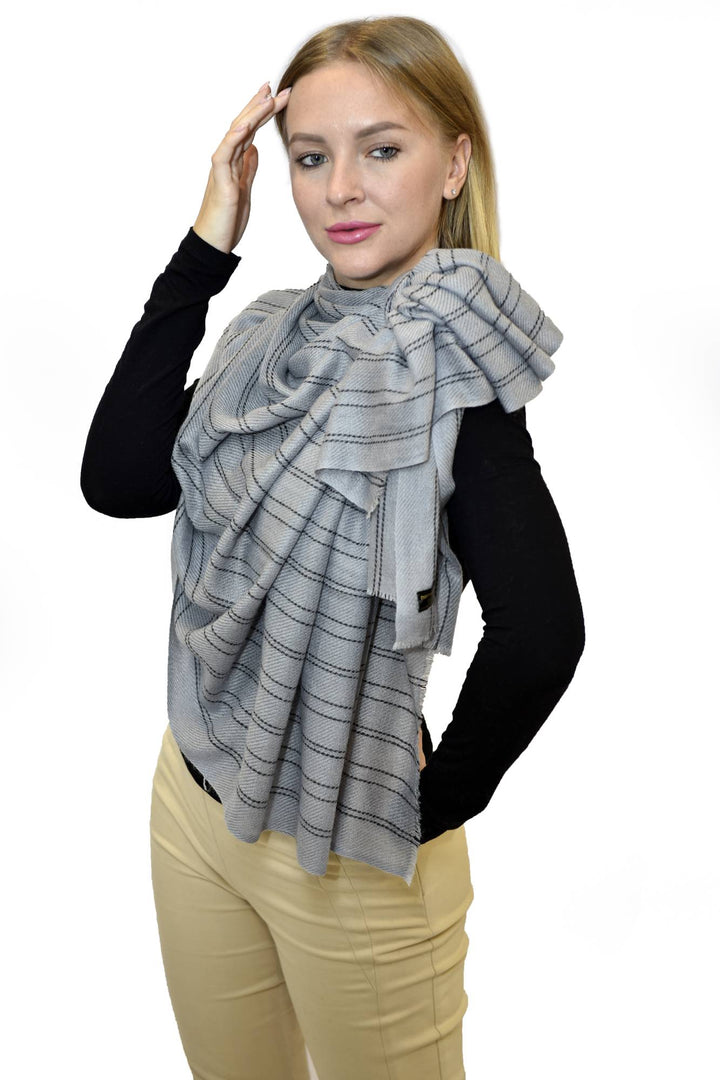 Camel Wool Luxury Scarf   - Taupe Grey Verticles