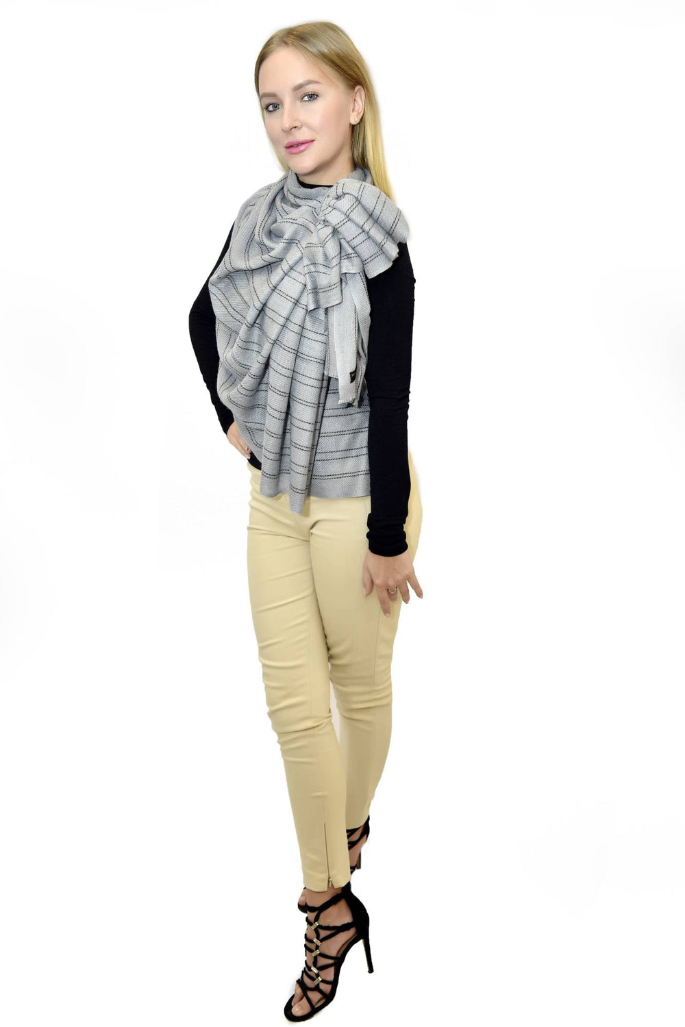 Camel Wool Luxury Scarf   - Taupe Grey Verticles