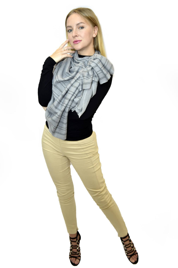Camel Wool Luxury Scarf   - Taupe Grey Verticles