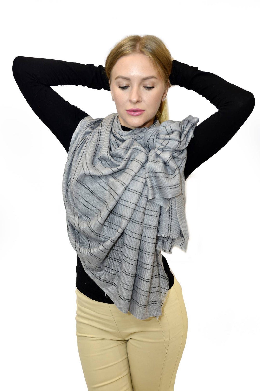 Camel Wool Luxury Scarf   - Taupe Grey Verticles