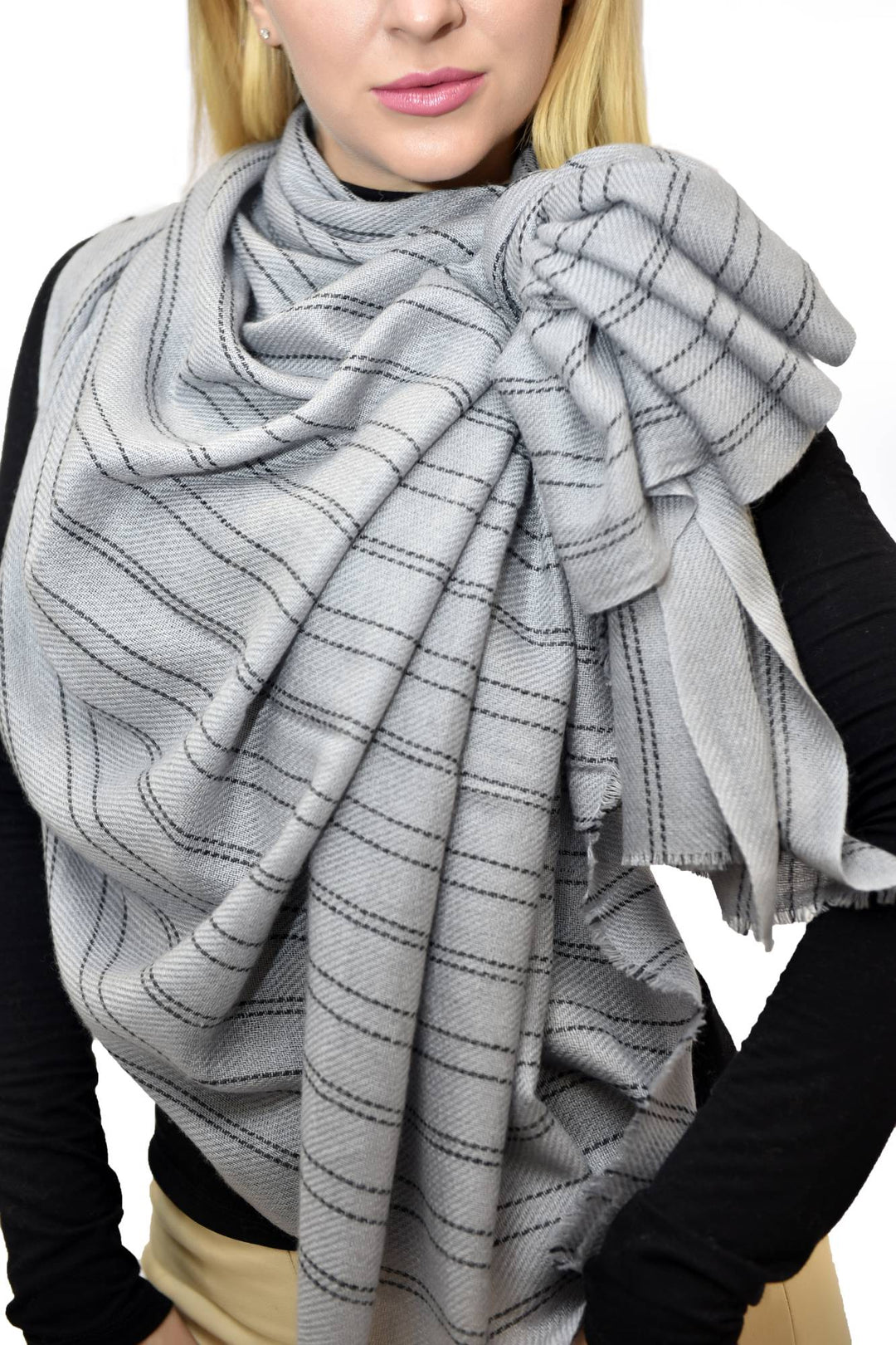 Camel Wool Luxury Scarf   - Taupe Grey Verticles
