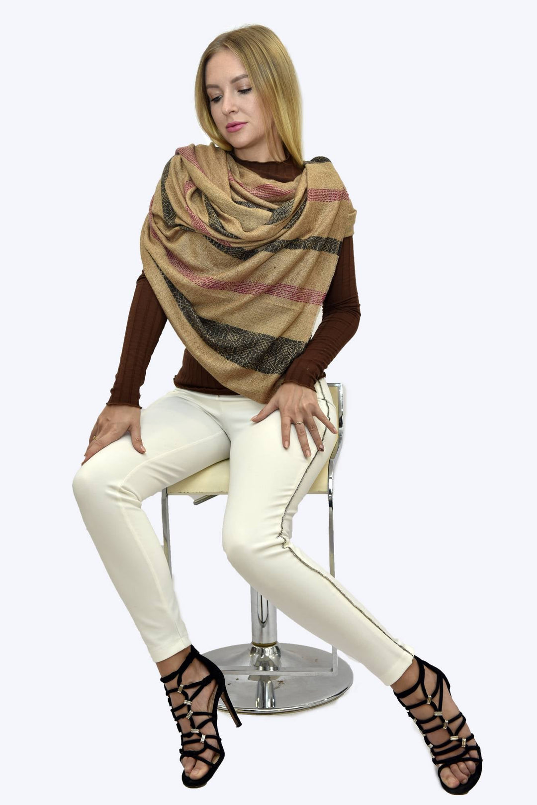 Camel Wool Luxury Scarf - Camel Window Pane