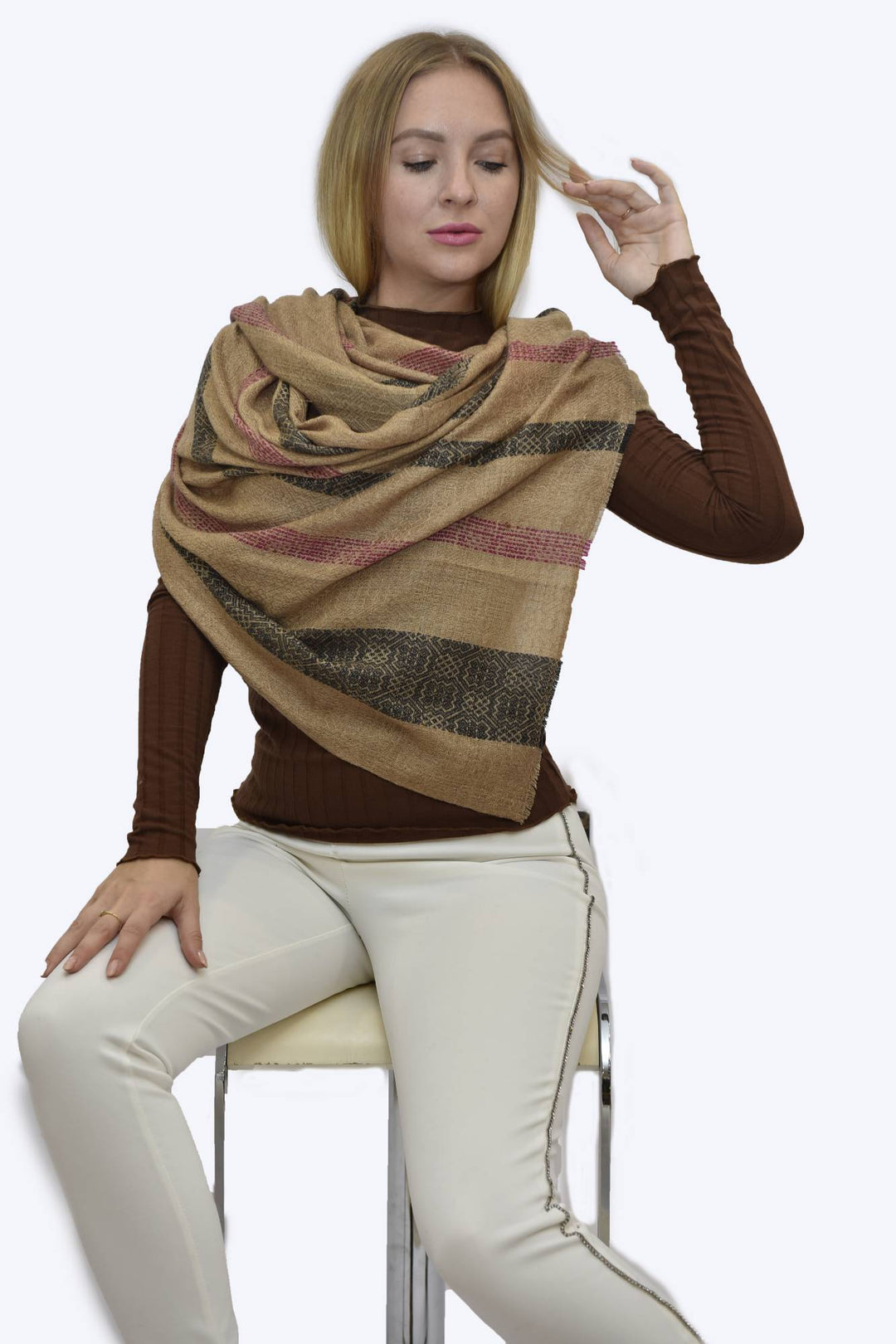 Camel Wool Luxury Scarf - Camel Window Pane