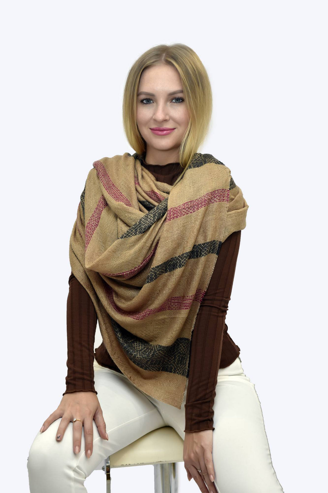Camel Wool Luxury Scarf - Camel Window Pane