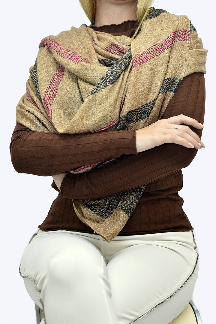 Camel Wool Luxury Scarf - Camel Window Pane