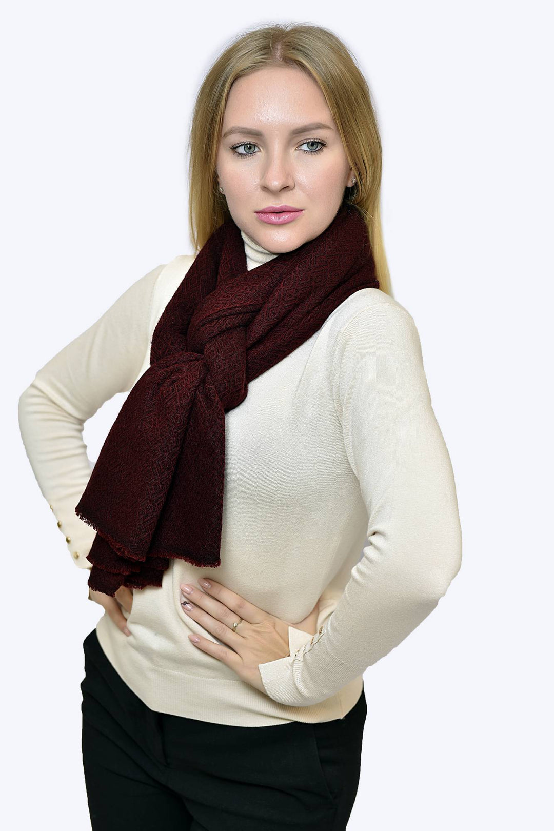 Camel Wool Luxury Scarf   - Wine Maroon Diamond