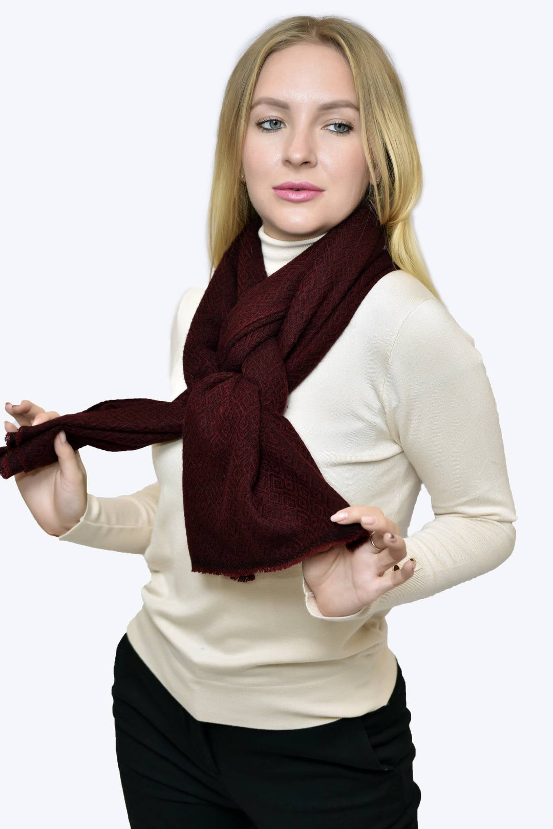Camel Wool Luxury Scarf   - Wine Maroon Diamond