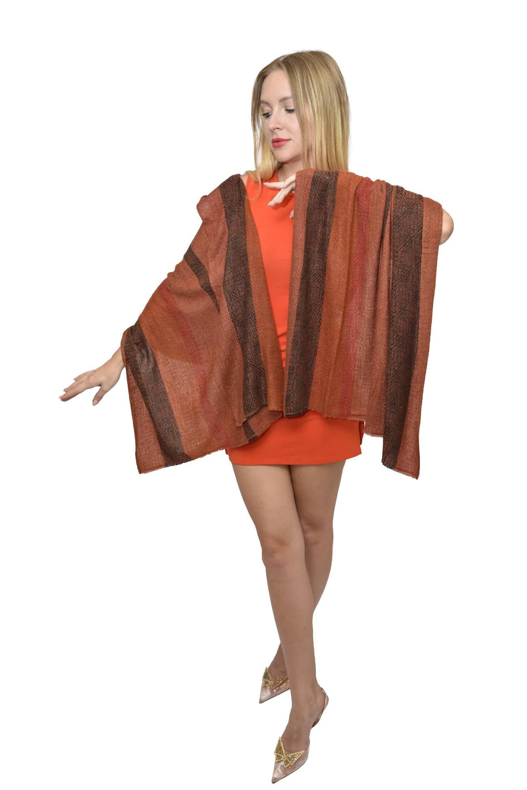 Camel Wool Luxury Scarf - Rusty Orange Window Pane