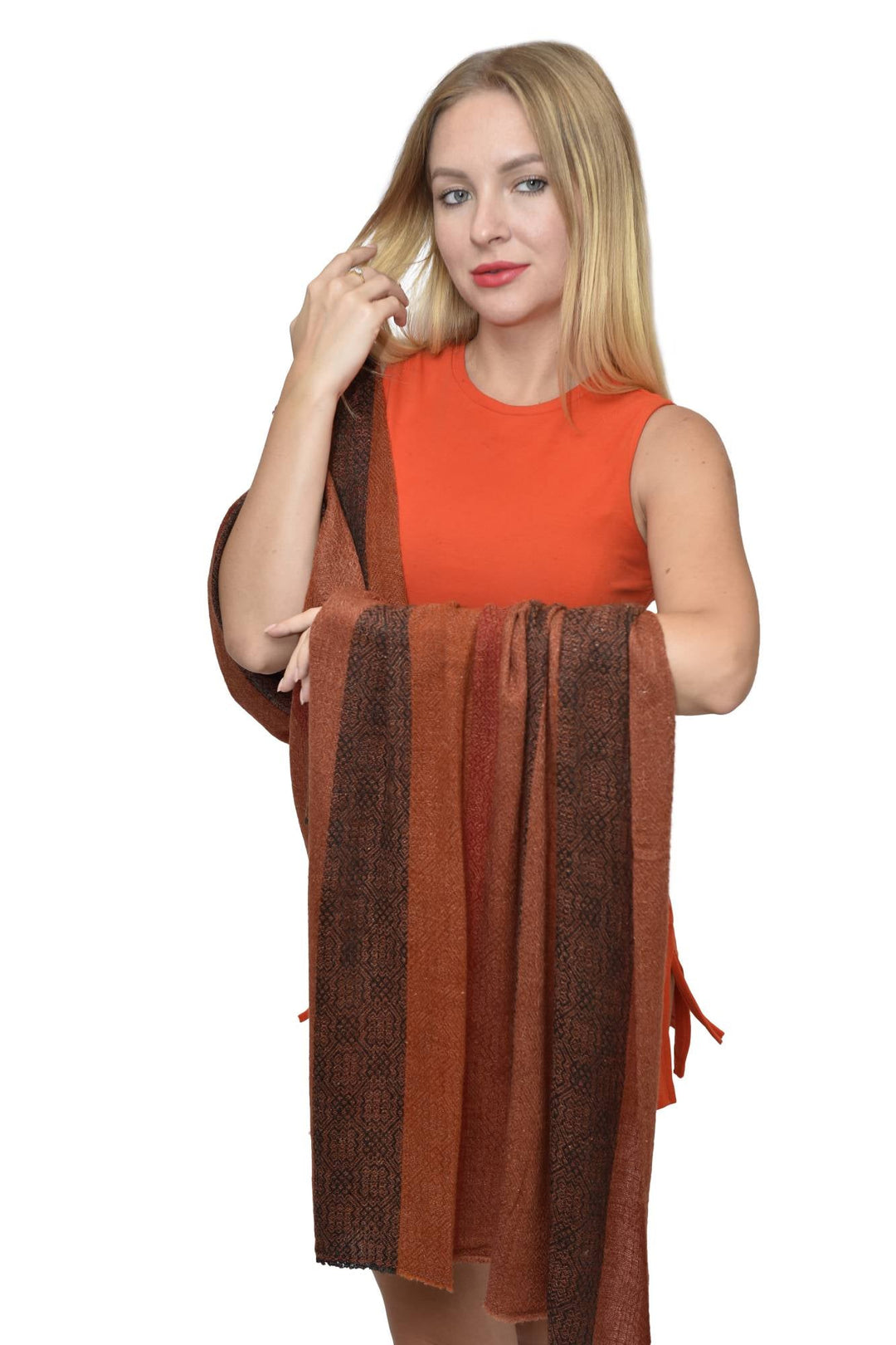 Camel Wool Luxury Scarf - Rusty Orange Window Pane