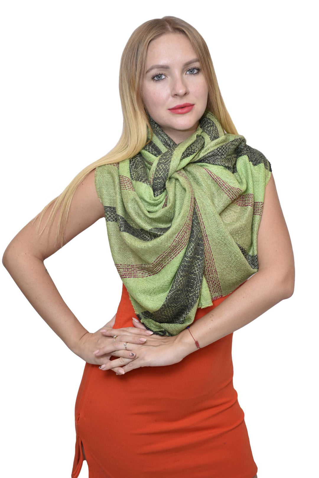 Camel Wool Luxury Scarf  - Parrot Green Window Pane