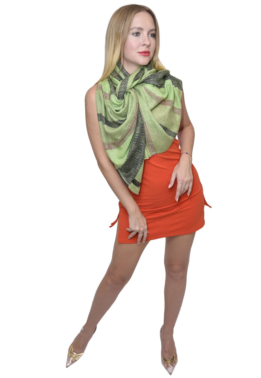 Camel Wool Luxury Scarf  - Parrot Green Window Pane