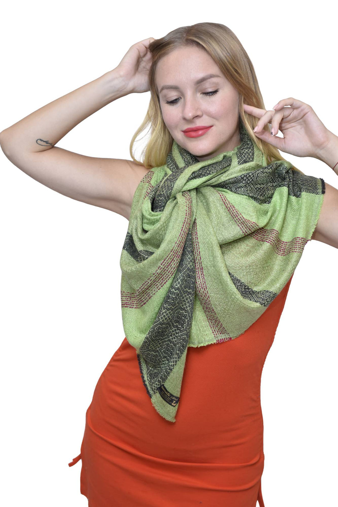 Camel Wool Luxury Scarf  - Parrot Green Window Pane