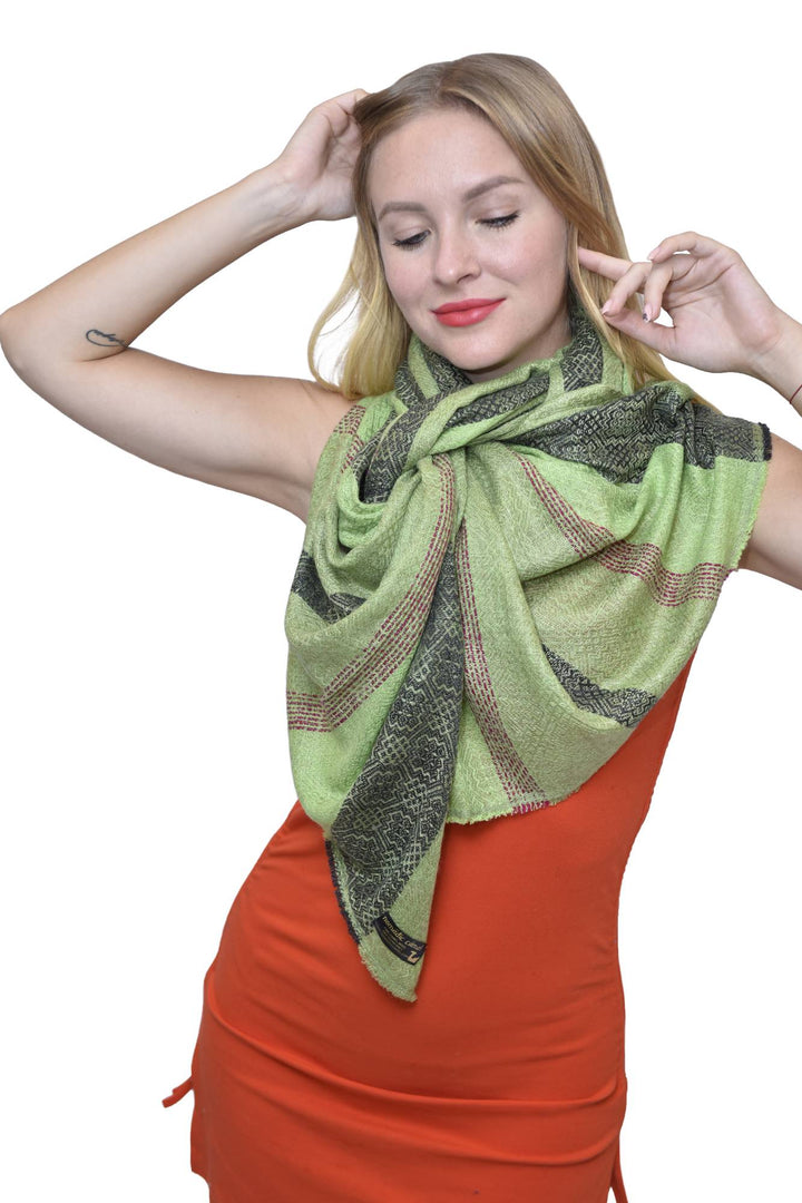 Camel Wool Luxury Scarf  - Parrot Green Window Pane